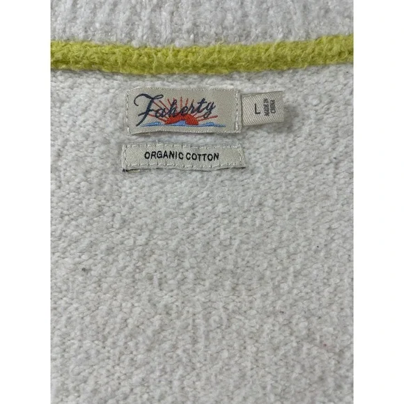 Faherty V Neck Fuzzy Knit Sweater White Neon Green Stripe Accent Size L - Picture 6 of 7